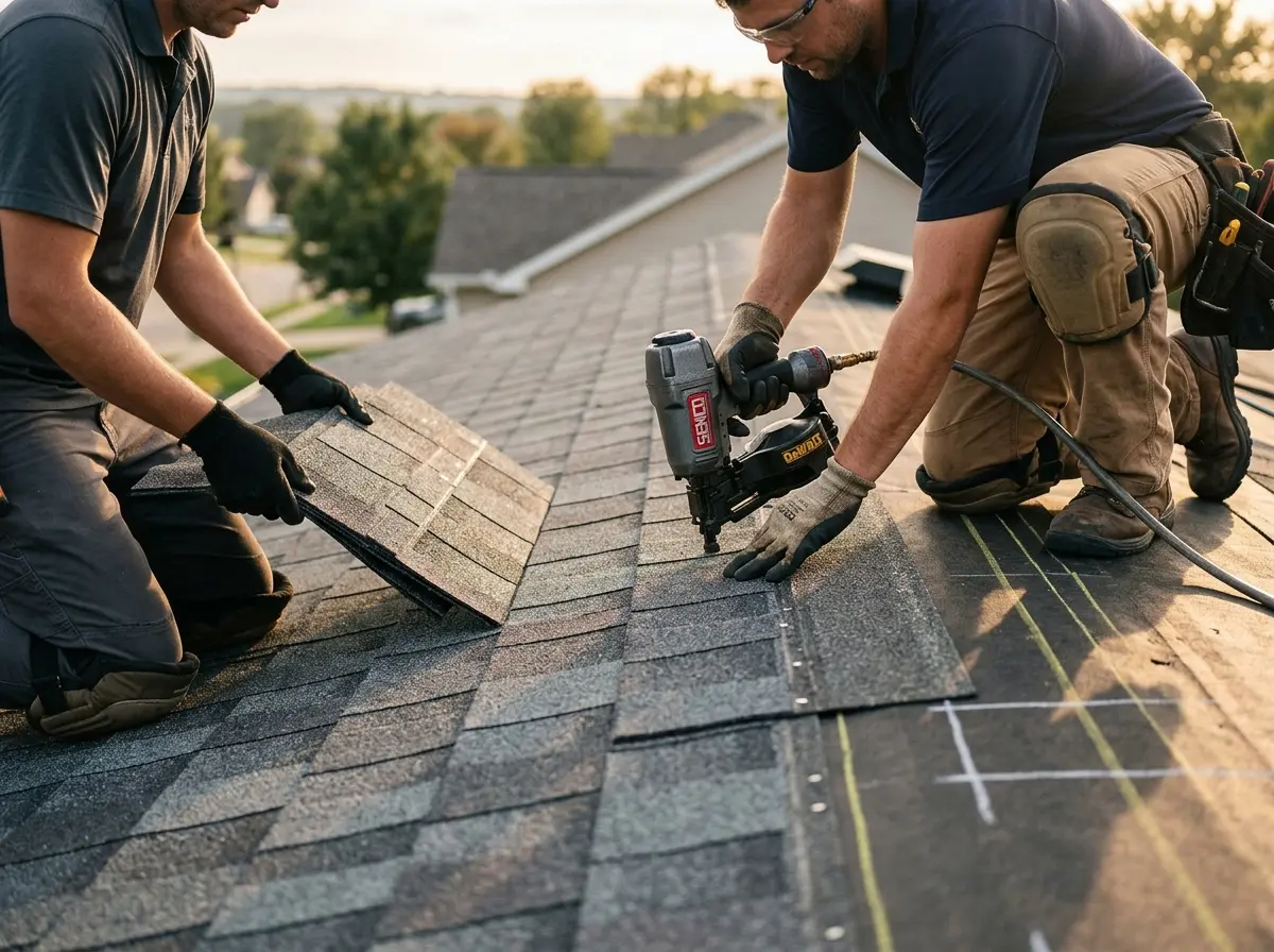 Professional roofer working on a residential roof in Wanaque